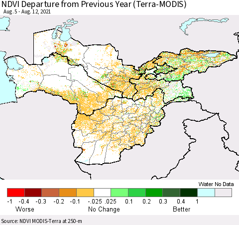 Central Asia NDVI Departure from Previous Year (Terra-MODIS) Thematic Map For 8/5/2021 - 8/12/2021