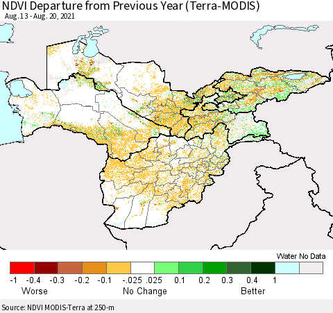 Central Asia NDVI Departure from Previous Year (Terra-MODIS) Thematic Map For 8/11/2021 - 8/20/2021