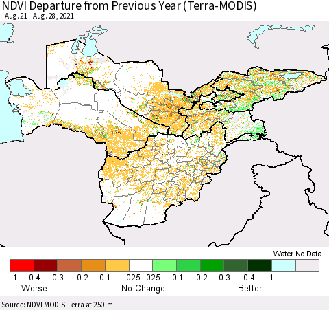 Central Asia NDVI Departure from Previous Year (Terra-MODIS) Thematic Map For 8/21/2021 - 8/28/2021