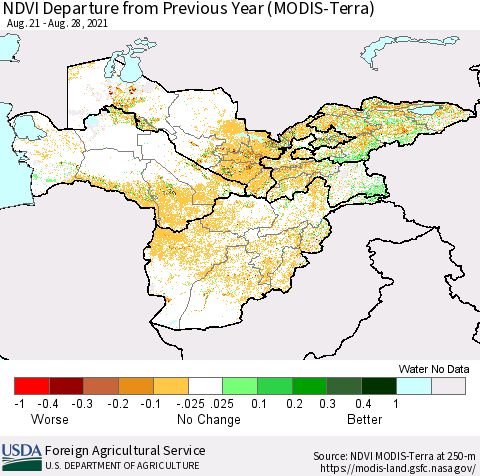 Central Asia NDVI Departure from Previous Year (Terra-MODIS) Thematic Map For 8/21/2021 - 8/31/2021