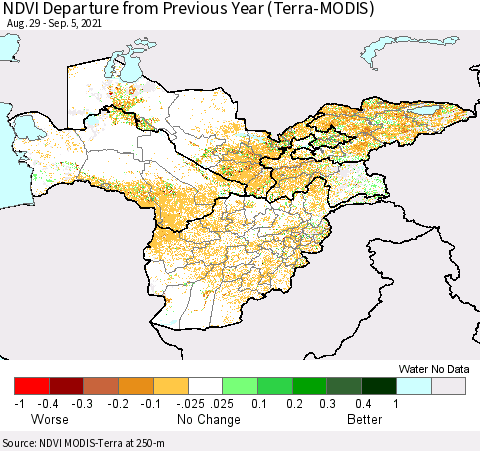 Central Asia NDVI Departure from Previous Year (Terra-MODIS) Thematic Map For 8/29/2021 - 9/5/2021