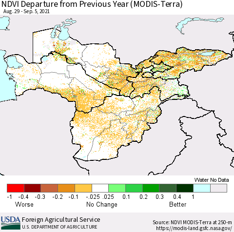 Central Asia NDVI Departure from Previous Year (Terra-MODIS) Thematic Map For 9/1/2021 - 9/10/2021