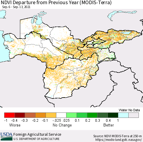 Central Asia NDVI Departure from Previous Year (Terra-MODIS) Thematic Map For 9/11/2021 - 9/20/2021