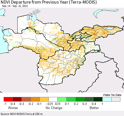 Central Asia NDVI Departure from Previous Year (Terra-MODIS) Thematic Map For 9/14/2021 - 9/21/2021
