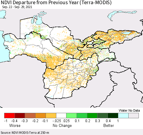 Central Asia NDVI Departure from Previous Year (Terra-MODIS) Thematic Map For 9/22/2021 - 9/29/2021