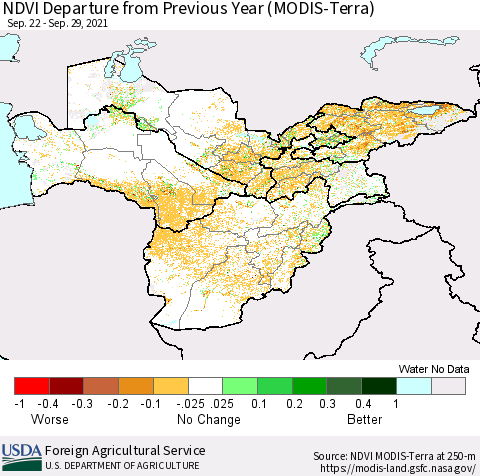 Central Asia NDVI Departure from Previous Year (Terra-MODIS) Thematic Map For 9/21/2021 - 9/30/2021