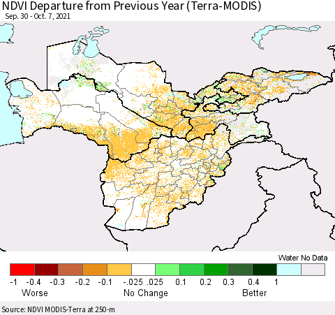 Central Asia NDVI Departure from Previous Year (Terra-MODIS) Thematic Map For 9/30/2021 - 10/7/2021