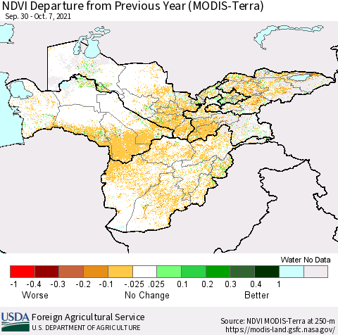 Central Asia NDVI Departure from Previous Year (Terra-MODIS) Thematic Map For 10/1/2021 - 10/10/2021