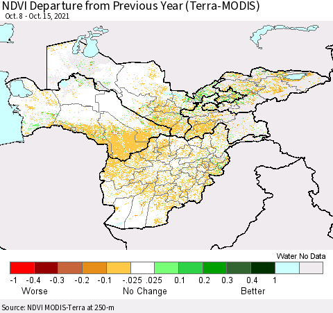 Central Asia NDVI Departure from Previous Year (Terra-MODIS) Thematic Map For 10/8/2021 - 10/15/2021