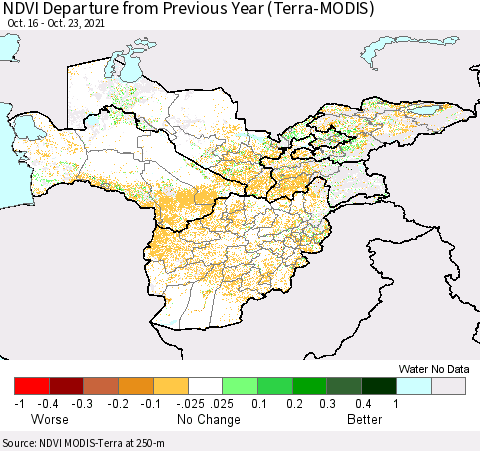 Central Asia NDVI Departure from Previous Year (Terra-MODIS) Thematic Map For 10/16/2021 - 10/23/2021