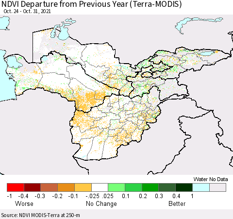 Central Asia NDVI Departure from Previous Year (Terra-MODIS) Thematic Map For 10/21/2021 - 10/31/2021