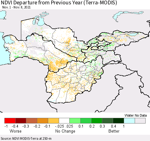 Central Asia NDVI Departure from Previous Year (Terra-MODIS) Thematic Map For 11/1/2021 - 11/8/2021