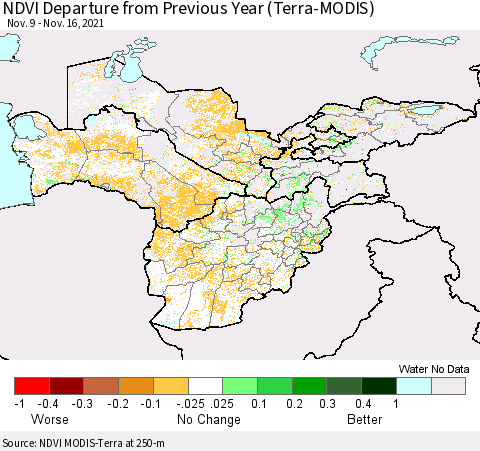 Central Asia NDVI Departure from Previous Year (Terra-MODIS) Thematic Map For 11/9/2021 - 11/16/2021