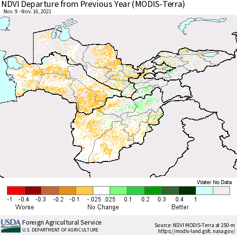 Central Asia NDVI Departure from Previous Year (Terra-MODIS) Thematic Map For 11/11/2021 - 11/20/2021
