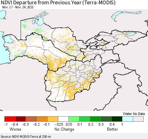 Central Asia NDVI Departure from Previous Year (Terra-MODIS) Thematic Map For 11/17/2021 - 11/24/2021