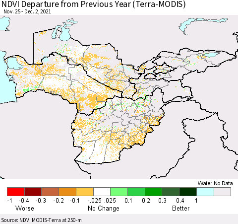 Central Asia NDVI Departure from Previous Year (Terra-MODIS) Thematic Map For 11/25/2021 - 12/2/2021