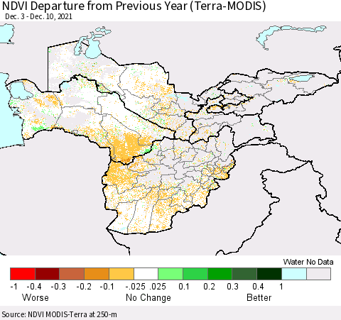Central Asia NDVI Departure from Previous Year (Terra-MODIS) Thematic Map For 12/1/2021 - 12/10/2021