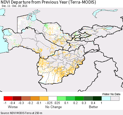 Central Asia NDVI Departure from Previous Year (Terra-MODIS) Thematic Map For 12/11/2021 - 12/18/2021