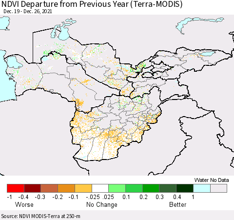 Central Asia NDVI Departure from Previous Year (Terra-MODIS) Thematic Map For 12/19/2021 - 12/26/2021
