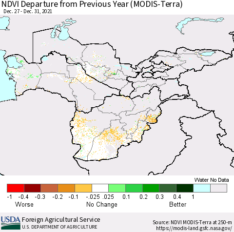 Central Asia NDVI Departure from Previous Year (Terra-MODIS) Thematic Map For 12/21/2021 - 12/31/2021