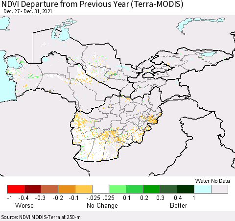 Central Asia NDVI Departure from Previous Year (Terra-MODIS) Thematic Map For 12/26/2021 - 1/2/2022