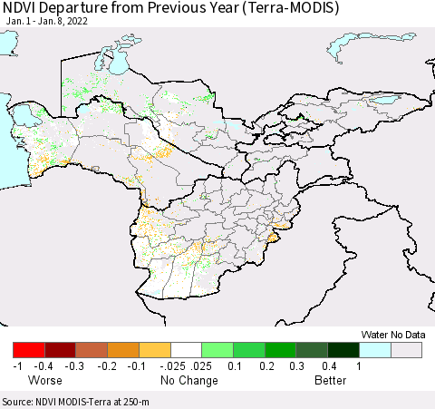 Central Asia NDVI Departure from Previous Year (Terra-MODIS) Thematic Map For 1/1/2022 - 1/8/2022
