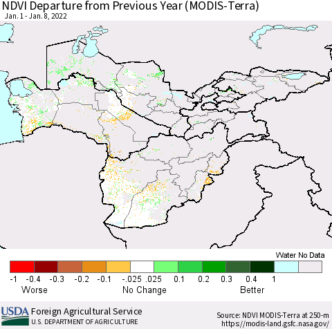 Central Asia NDVI Departure from Previous Year (Terra-MODIS) Thematic Map For 1/1/2022 - 1/10/2022