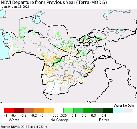 Central Asia NDVI Departure from Previous Year (Terra-MODIS) Thematic Map For 1/9/2022 - 1/16/2022