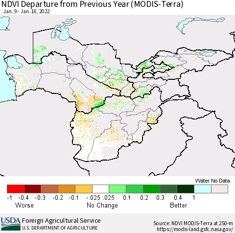 Central Asia NDVI Departure from Previous Year (Terra-MODIS) Thematic Map For 1/11/2022 - 1/20/2022