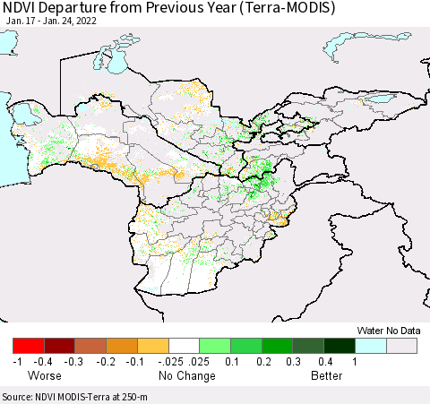 Central Asia NDVI Departure from Previous Year (Terra-MODIS) Thematic Map For 1/17/2022 - 1/24/2022