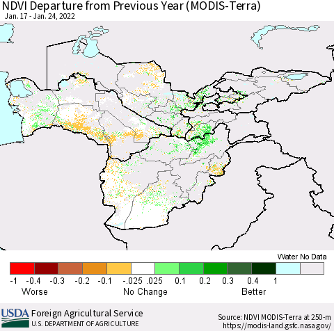 Central Asia NDVI Departure from Previous Year (Terra-MODIS) Thematic Map For 1/21/2022 - 1/31/2022