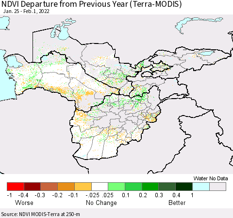 Central Asia NDVI Departure from Previous Year (Terra-MODIS) Thematic Map For 1/25/2022 - 2/1/2022