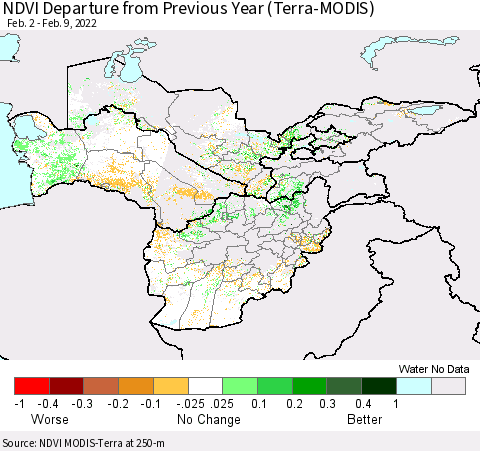 Central Asia NDVI Departure from Previous Year (Terra-MODIS) Thematic Map For 2/2/2022 - 2/9/2022