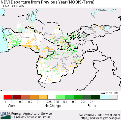 Central Asia NDVI Departure from Previous Year (Terra-MODIS) Thematic Map For 2/1/2022 - 2/10/2022