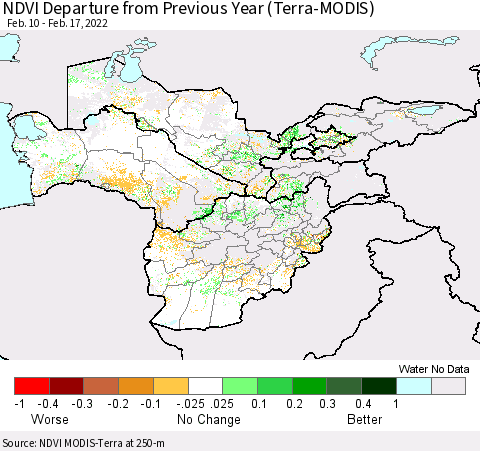 Central Asia NDVI Departure from Previous Year (Terra-MODIS) Thematic Map For 2/10/2022 - 2/17/2022
