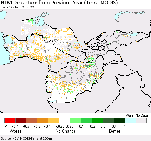 Central Asia NDVI Departure from Previous Year (Terra-MODIS) Thematic Map For 2/18/2022 - 2/25/2022