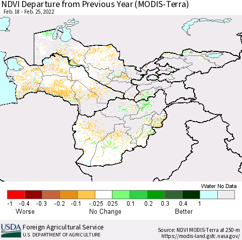 Central Asia NDVI Departure from Previous Year (Terra-MODIS) Thematic Map For 2/21/2022 - 2/28/2022