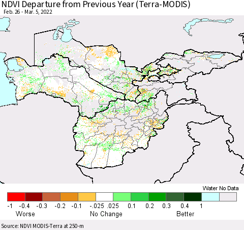 Central Asia NDVI Departure from Previous Year (Terra-MODIS) Thematic Map For 2/26/2022 - 3/5/2022