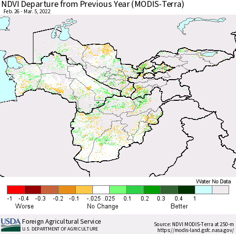 Central Asia NDVI Departure from Previous Year (Terra-MODIS) Thematic Map For 3/1/2022 - 3/10/2022