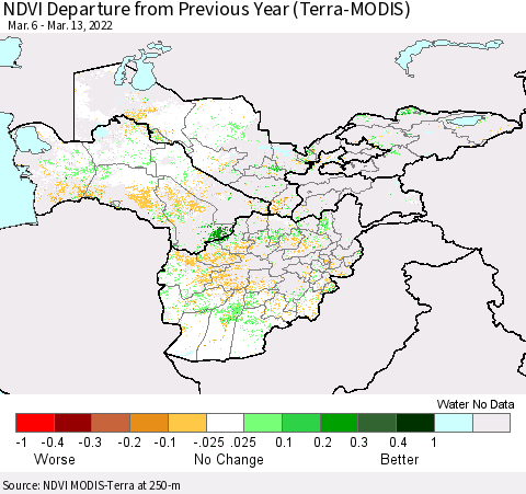 Central Asia NDVI Departure from Previous Year (Terra-MODIS) Thematic Map For 3/6/2022 - 3/13/2022