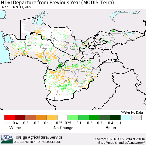 Central Asia NDVI Departure from Previous Year (Terra-MODIS) Thematic Map For 3/11/2022 - 3/20/2022
