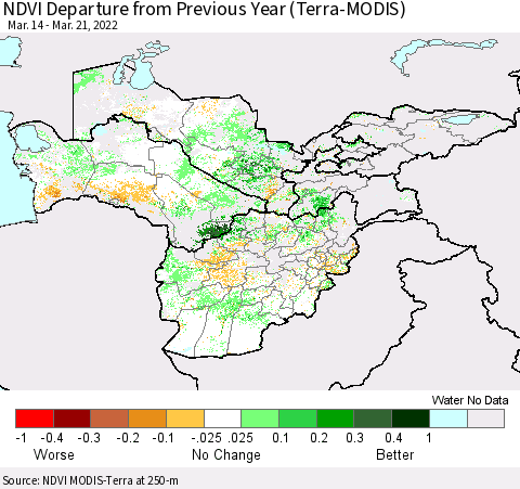 Central Asia NDVI Departure from Previous Year (Terra-MODIS) Thematic Map For 3/14/2022 - 3/21/2022