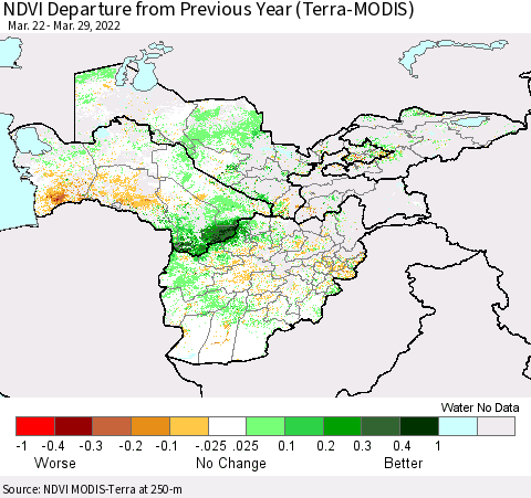 Central Asia NDVI Departure from Previous Year (Terra-MODIS) Thematic Map For 3/22/2022 - 3/29/2022