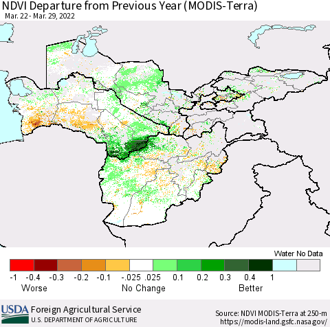 Central Asia NDVI Departure from Previous Year (Terra-MODIS) Thematic Map For 3/21/2022 - 3/31/2022