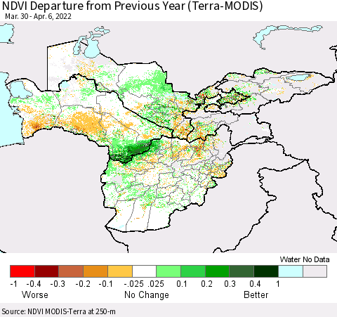 Central Asia NDVI Departure from Previous Year (Terra-MODIS) Thematic Map For 3/30/2022 - 4/6/2022