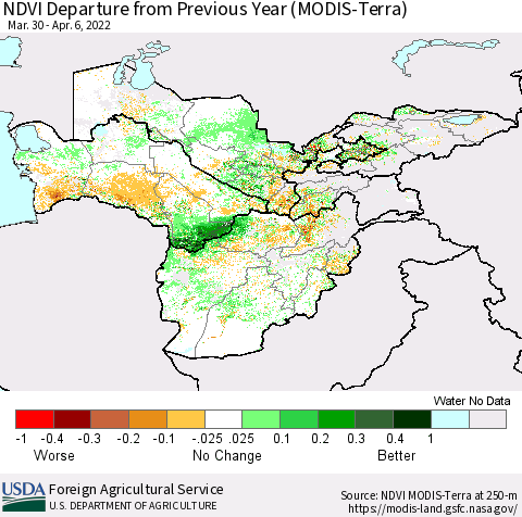 Central Asia NDVI Departure from Previous Year (Terra-MODIS) Thematic Map For 4/1/2022 - 4/10/2022