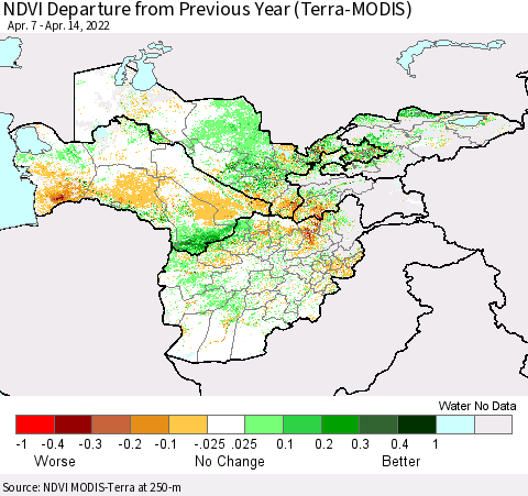 Central Asia NDVI Departure from Previous Year (Terra-MODIS) Thematic Map For 4/7/2022 - 4/14/2022