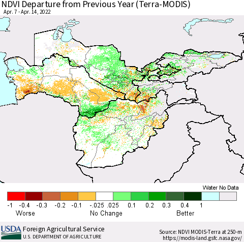 Central Asia NDVI Departure from Previous Year (Terra-MODIS) Thematic Map For 4/11/2022 - 4/20/2022