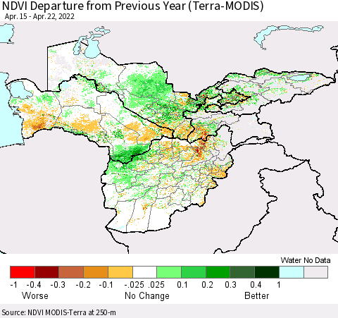 Central Asia NDVI Departure from Previous Year (Terra-MODIS) Thematic Map For 4/15/2022 - 4/22/2022