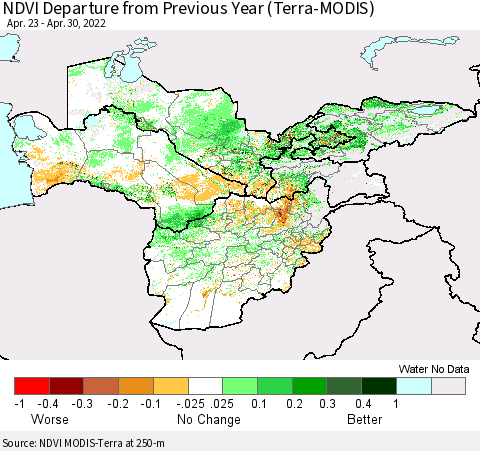 Central Asia NDVI Departure from Previous Year (Terra-MODIS) Thematic Map For 4/21/2022 - 4/30/2022
